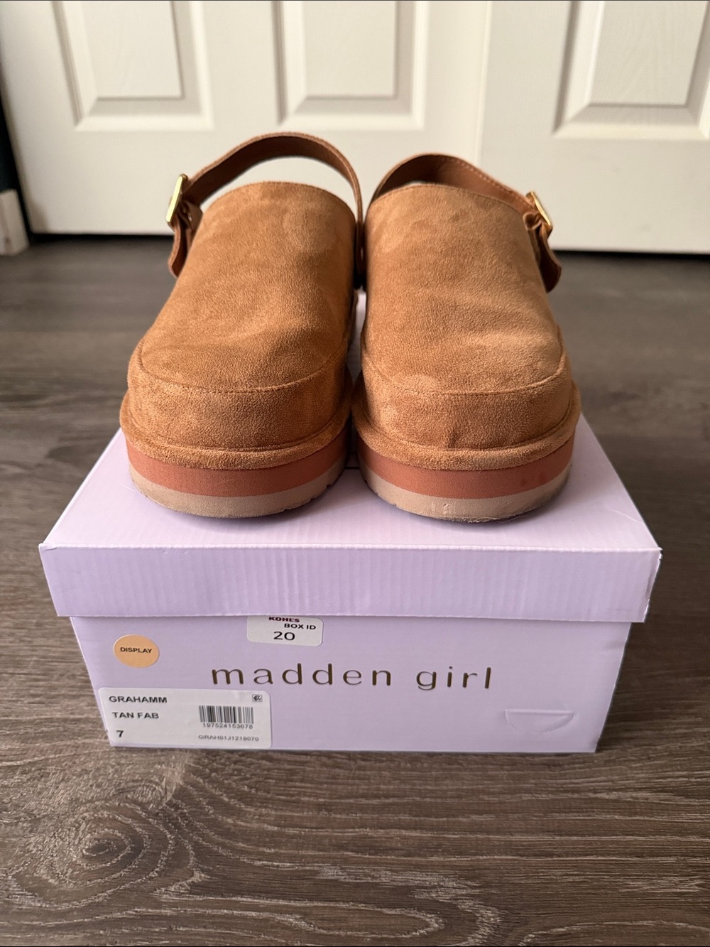 Madden Girl Tan Suede Platform Clogs with Back Strap and Buckle